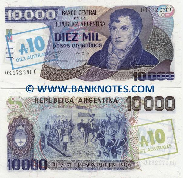 Argentina 10 Australes on 10000 Pesos Argentinos 1985 - Argentinian