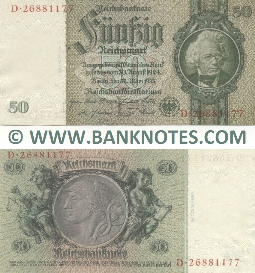 Germany 50 Reichsmark 30.3.1933 (H.11248807) (Underprint letter "A") (lt. circulated) XF+