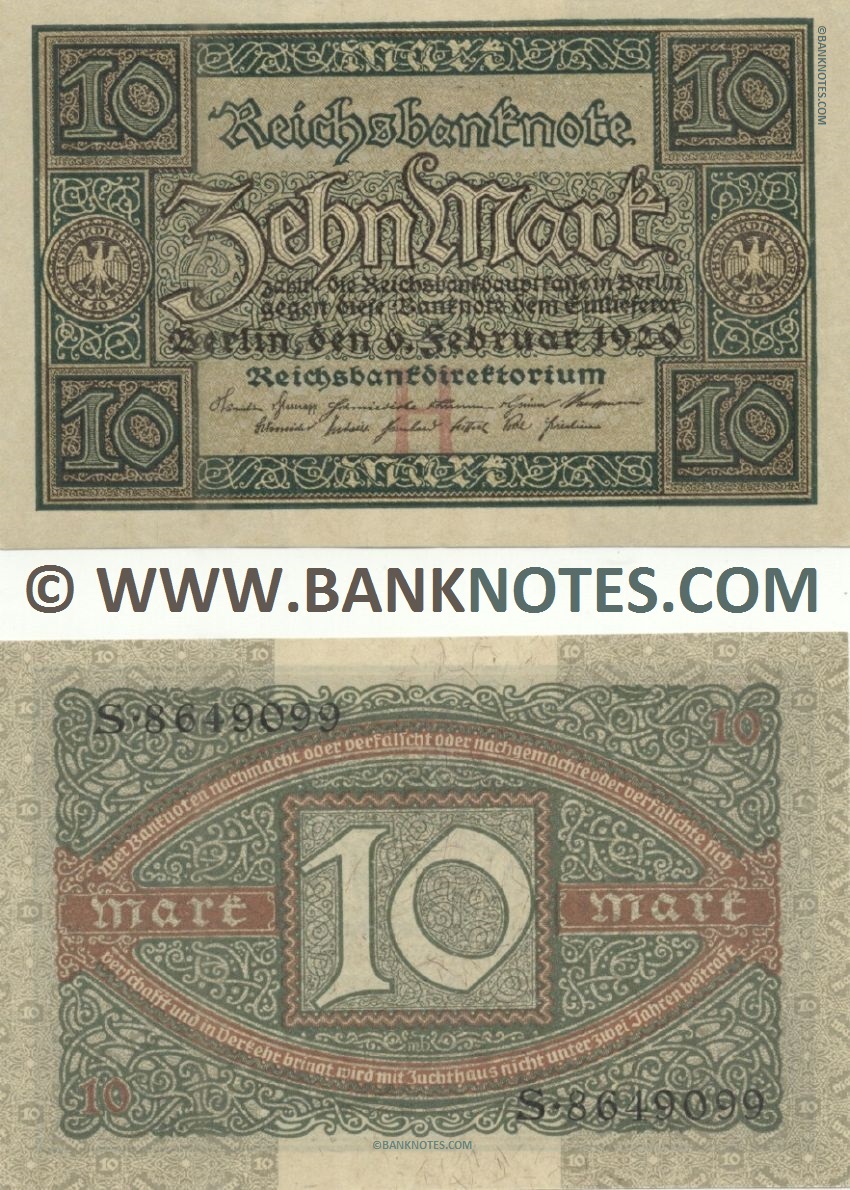 Germany 10 Reichsmark 6.2.1920 (serial # varies) AU-UNC