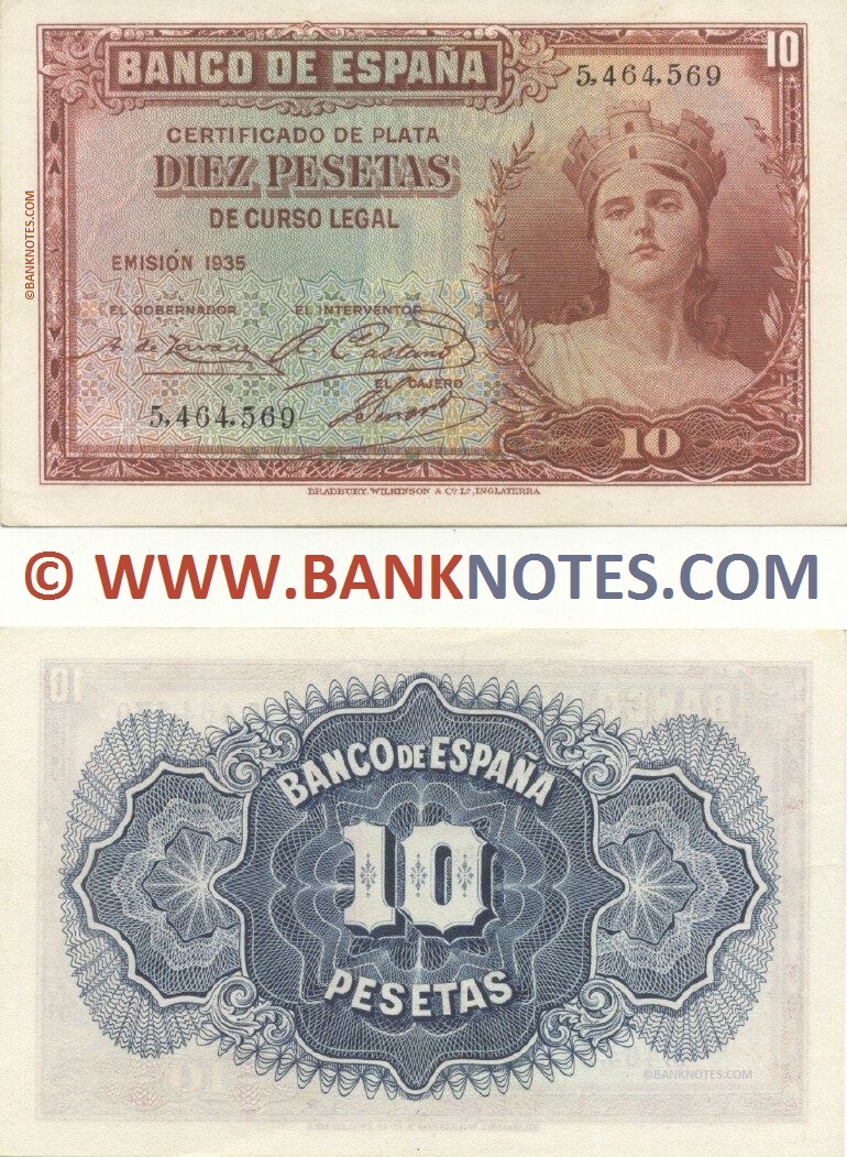 Spain 10 Pesetas 1935 (5,464,569) AU-UNC