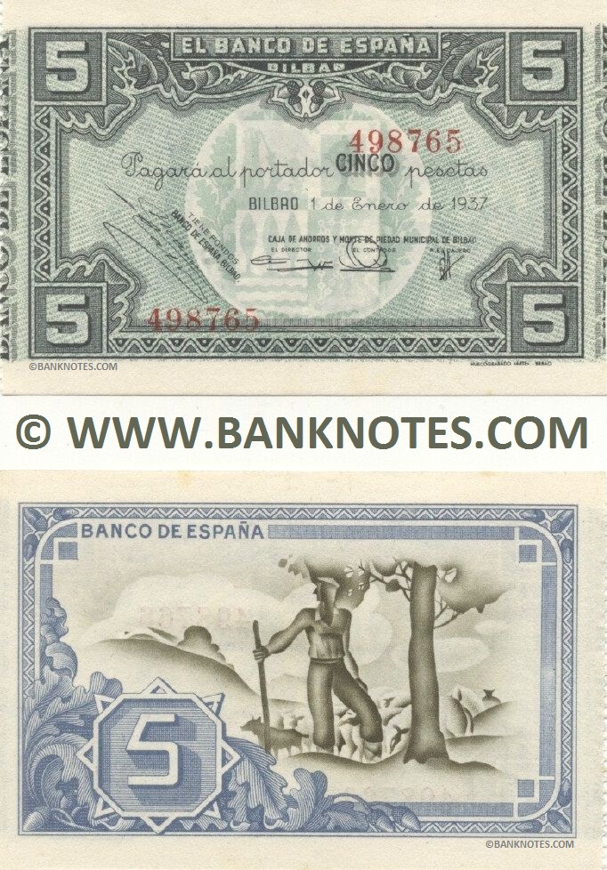 Spain 5 Pesetas 1.1.1937 Bilbao – Civil War (Nº498765) UNC