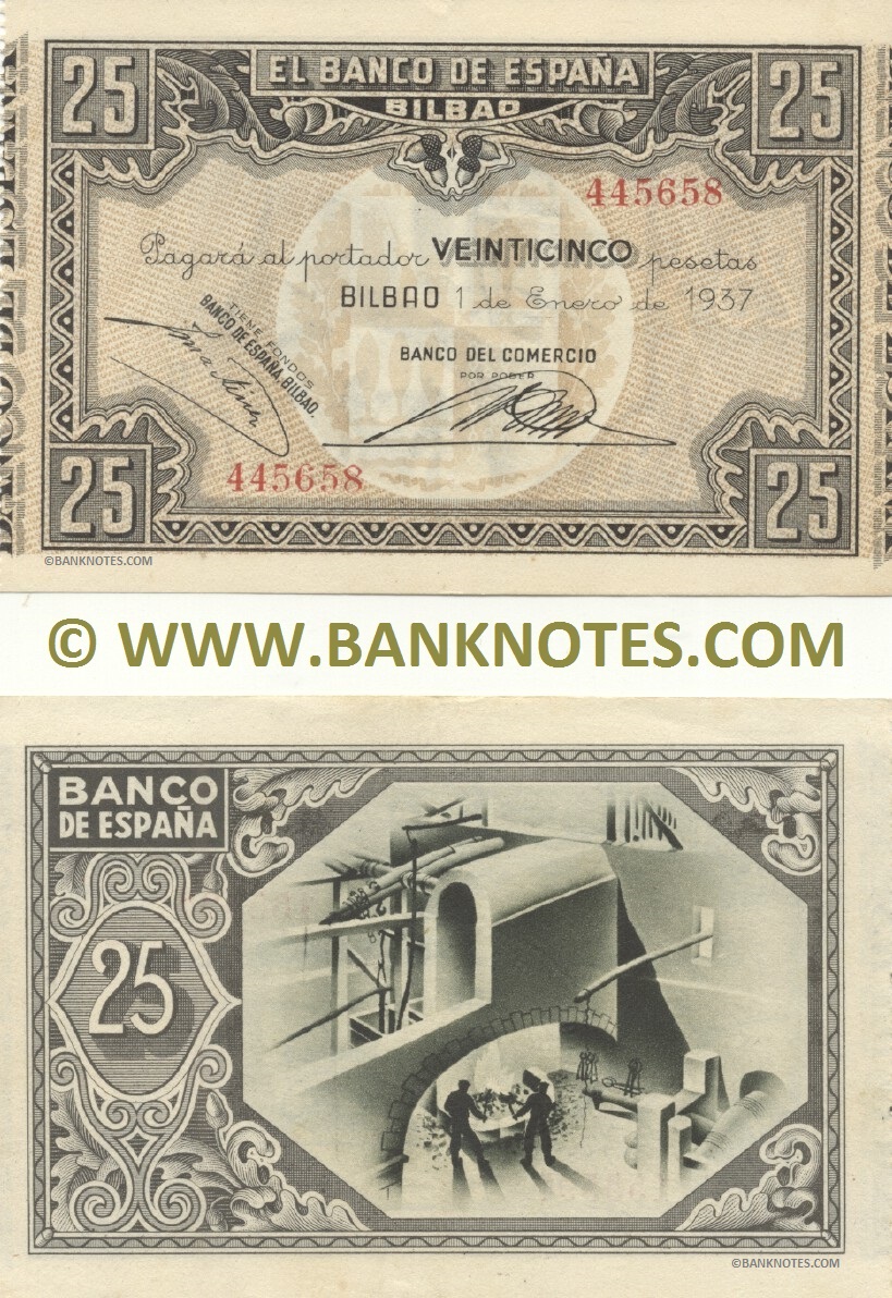 Spain 25 Pesetas 1.1.1937 Bilbao – Civil War (Nº445658) (lt. circulated) XF