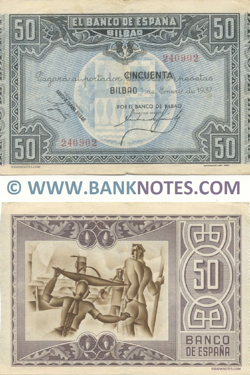 Spain 50 Pesetas 1.1.1937 Bilbao – Civil War (Nº240902) (circulated) VF-XF