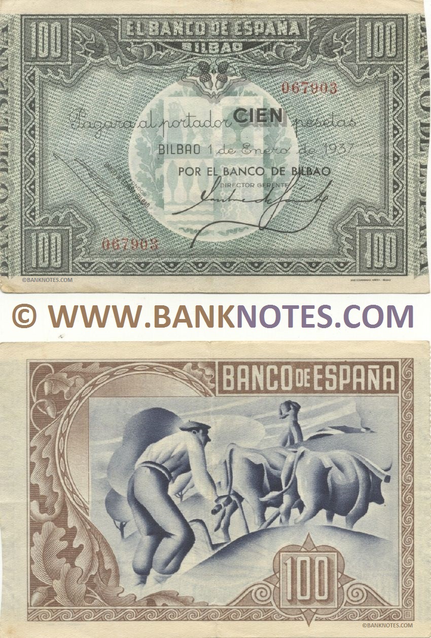 Spain 100 Pesetas 1.1.1937 Bilbao – Civil War (Nº067903) (circulated) VF-XF