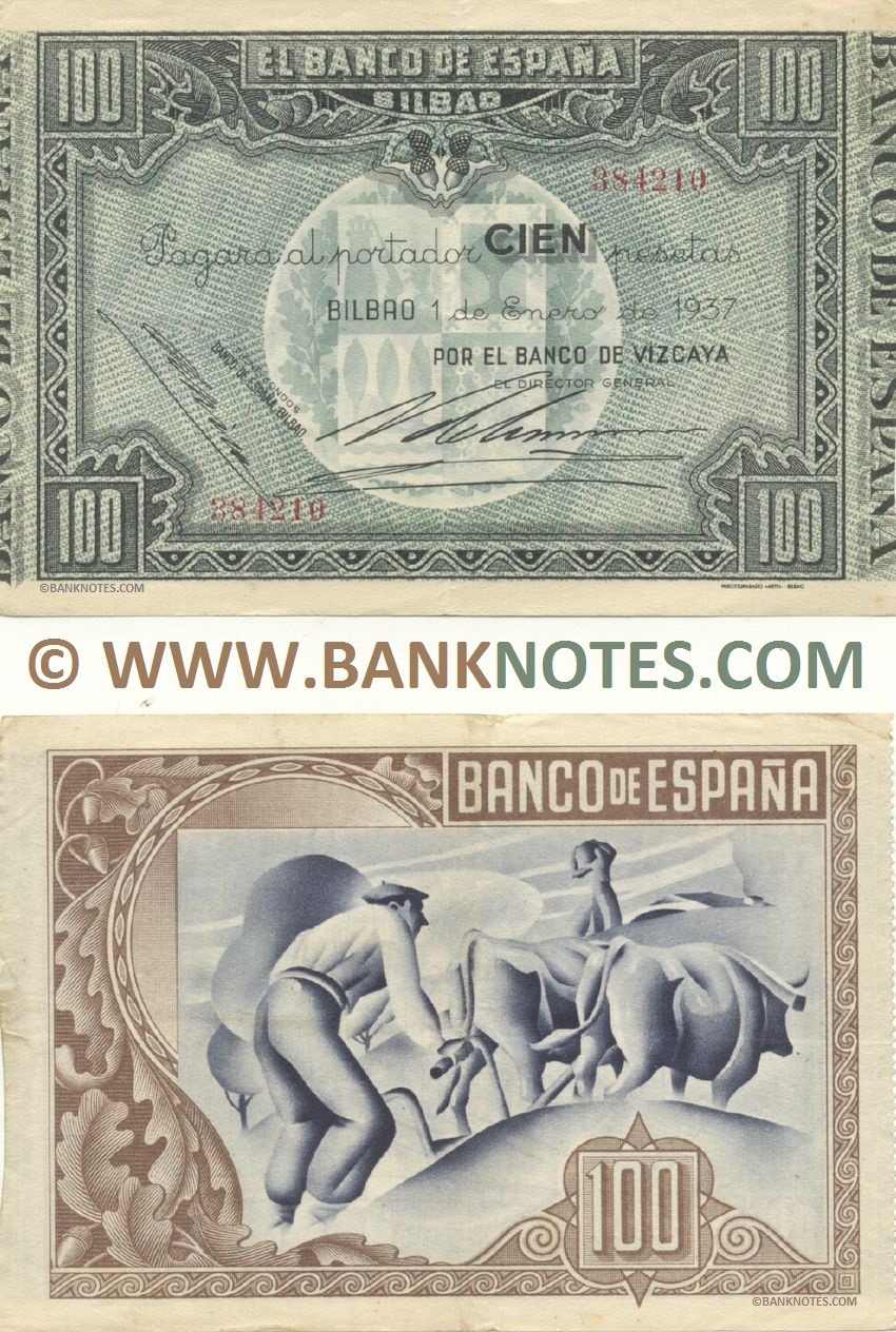 Spain 100 Pesetas 1.1.1937 Bilbao – Civil War (Nº163509) DRY SEAL (circulated) VF-XF