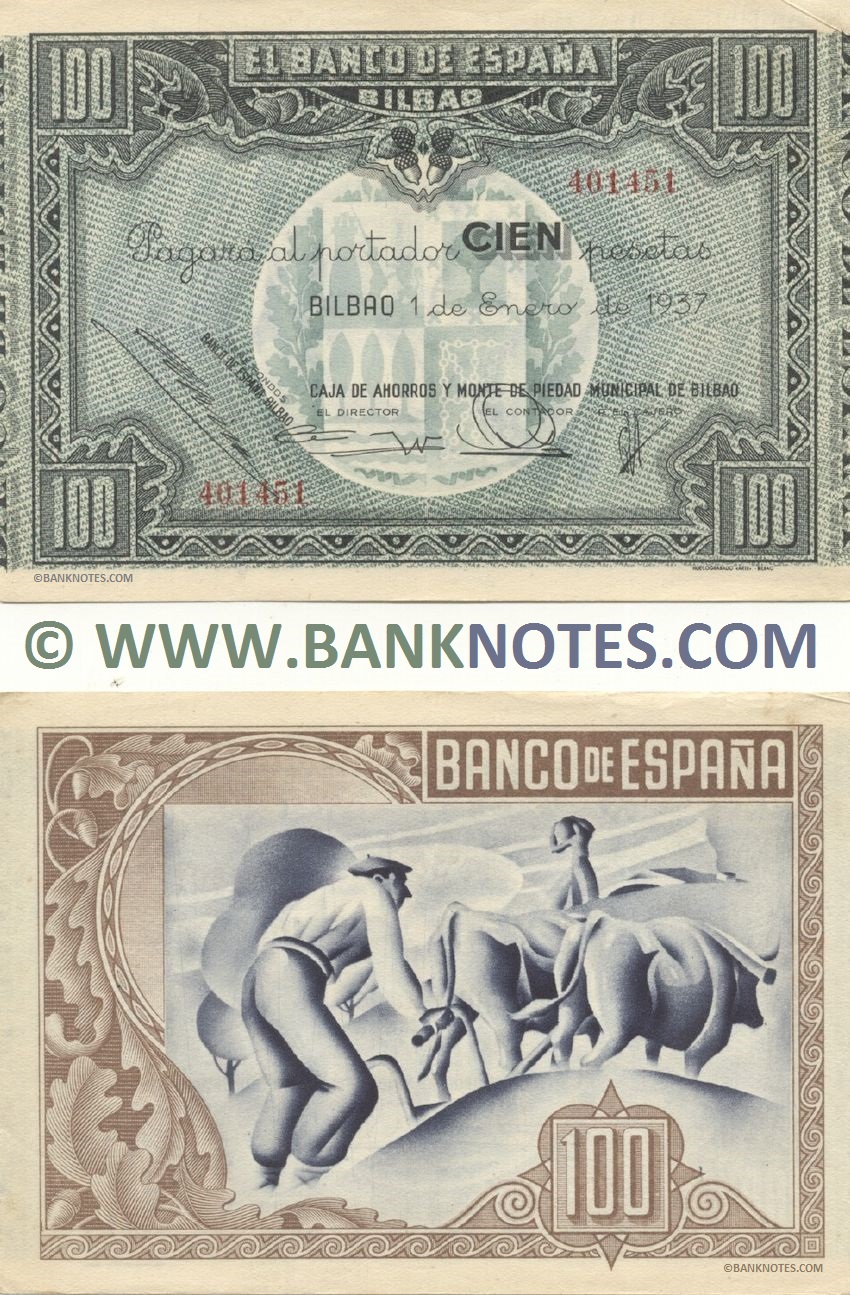 Spain 100 Pesetas 1.1.1937 Bilbao – Civil War (Nº394577) (circulated) VF+