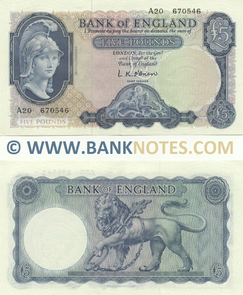 Great Britain 5 Pounds (1957) (B57/040909) (circulated, et, ph) F-VF