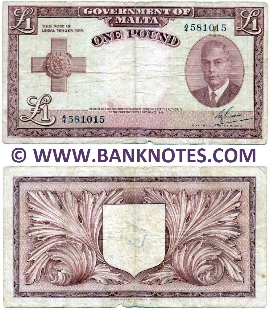 Malta 1 Pound L.1949 (1951) (A/4 581015) (circulated) Fine