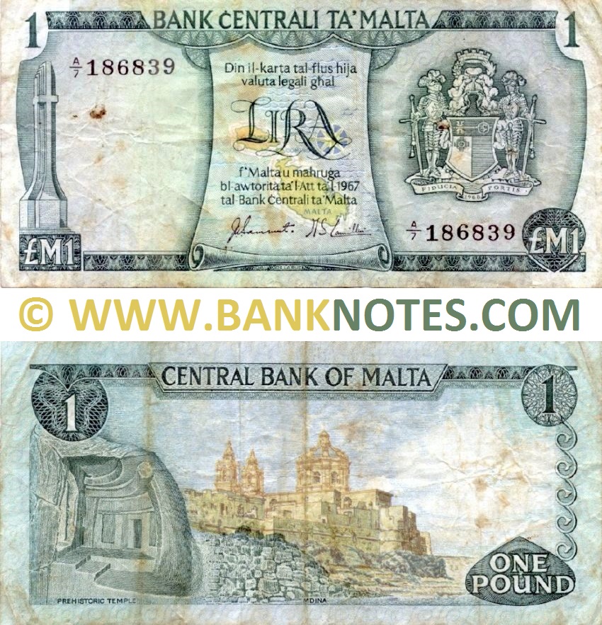 Malta 1 Lira / Pound L.1967 (1973) (A/7 186839) (circulated) F-VF