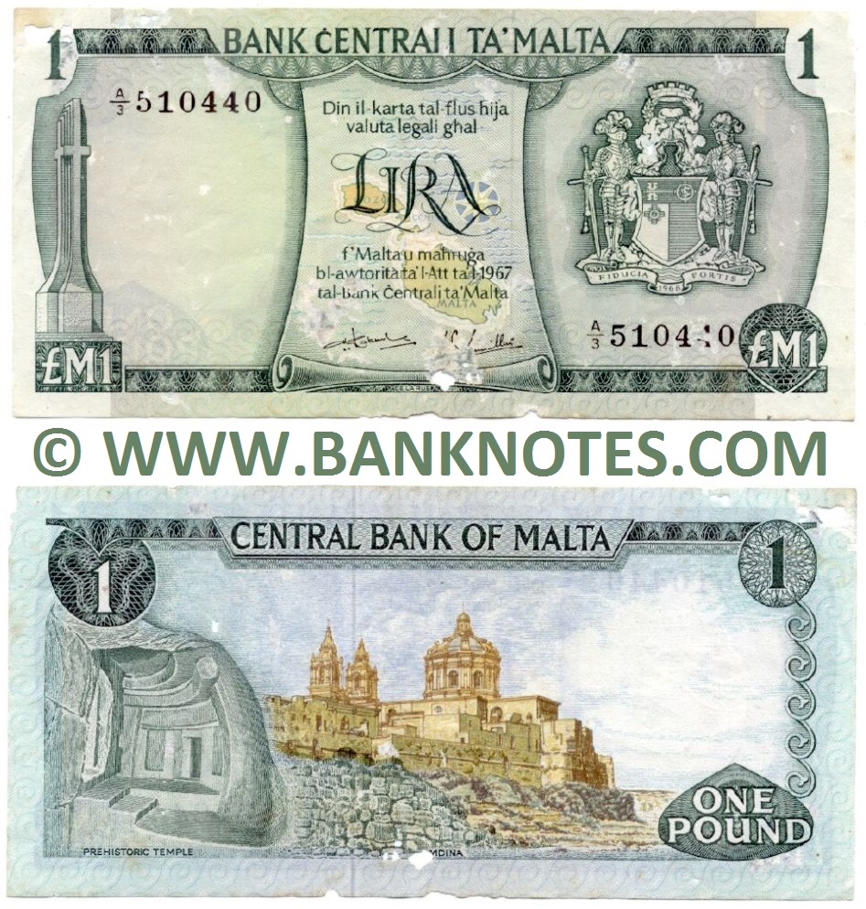 Malta 1 Lira / Pound L.1967 (1973) (A/3 510440) (lt. circulated, insect damage) XF-AU