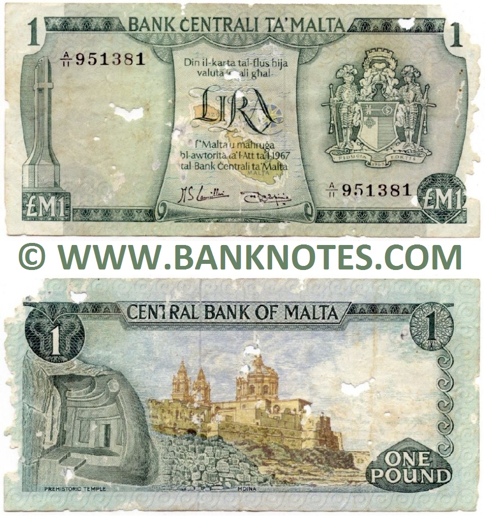 Malta 1 Lira / Pound L.1967 (1973) (A/11 951381) (circulated, insect damage) VF-XF