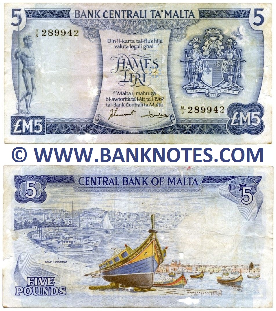 Malta 5 Liri L.1967 (1973) (B/5 289942) (circulated, insect damage) VF