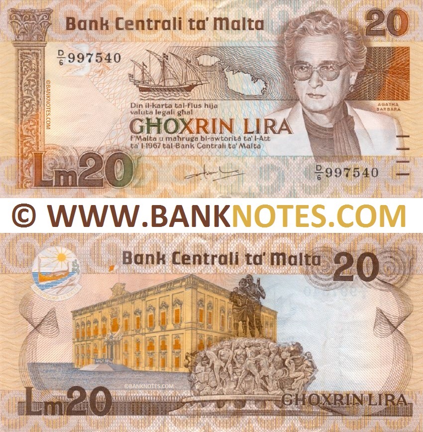 Malta 20 Liri 1967 (1986) (D/6 997540) (circulated) VF-XF