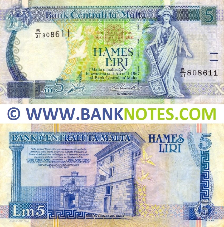 Malta 5 Liri (1999) (B/31 808611) (circulated) VF