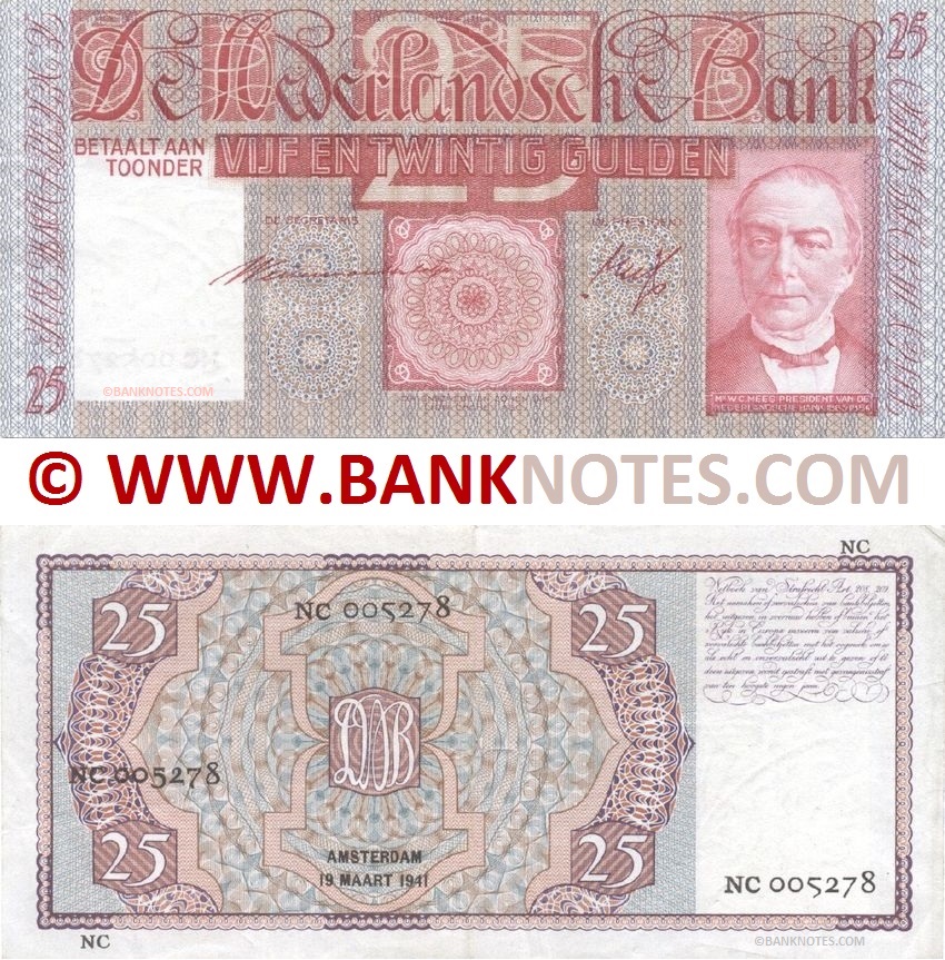 Netherlands 25 Gulden 19.3.1941 (Sig: Westerman Holstijn & Trip) (NC 005278) (circulated) VF-XF