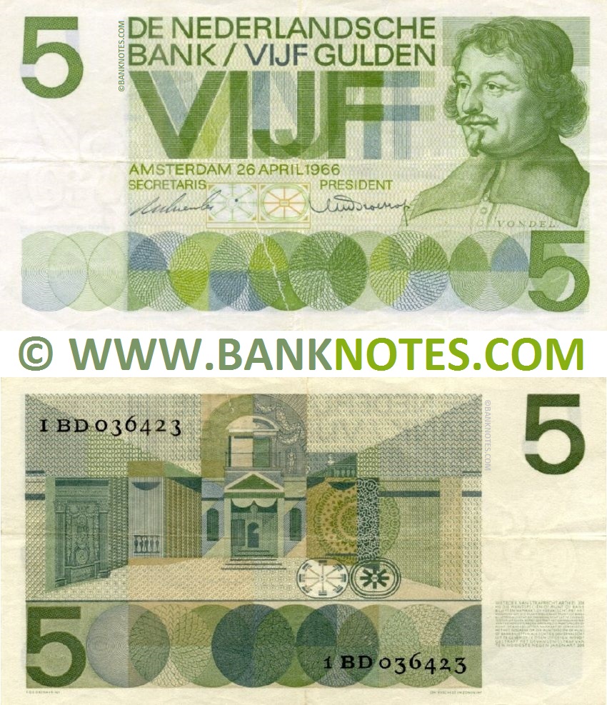 Netherlands 5 Gulden 26.4.1966 (Serial # varies) (circulated) Fine