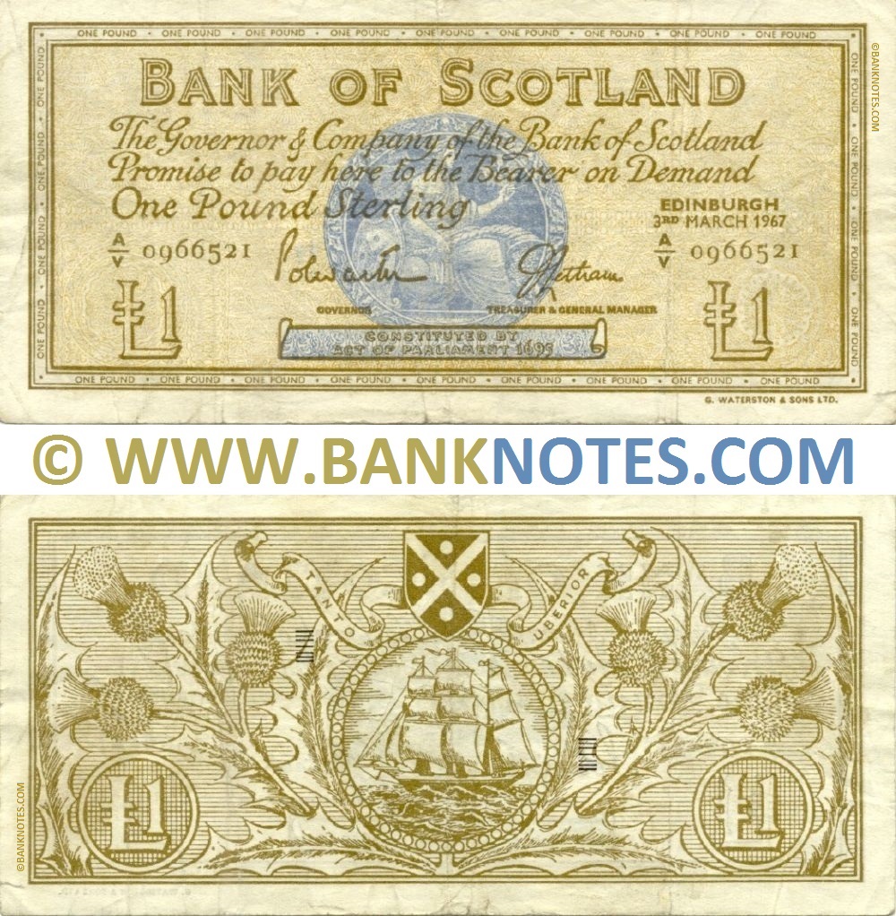 Scotland 1 Pound Sterling 3.3.1967 (Bank of Scotland) (A/V 0966521) (circulated) aVF