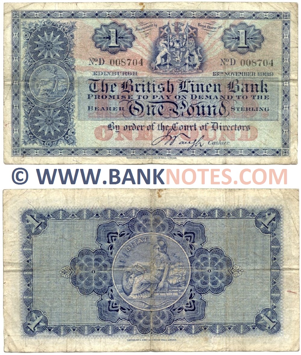 Scotland 1 Pound Sterling 13.11.1939 (British Linen Bank) (Nº D 008704) (circulated) Fine