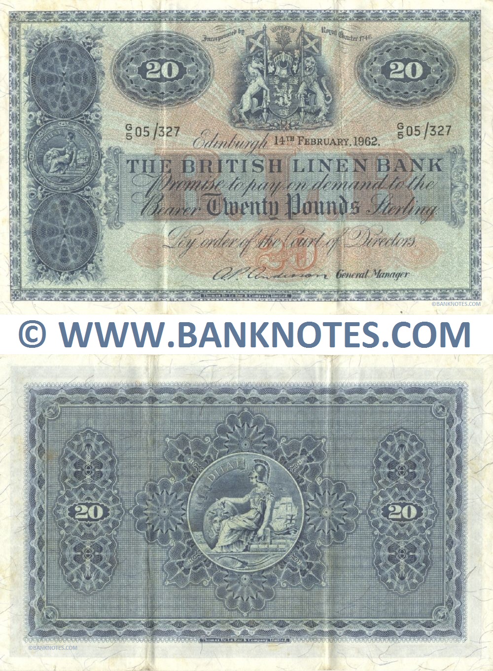 Scotland 20 Pounds Sterling 14.2.1962 (G/5 05/327) (circulated) VF-XF