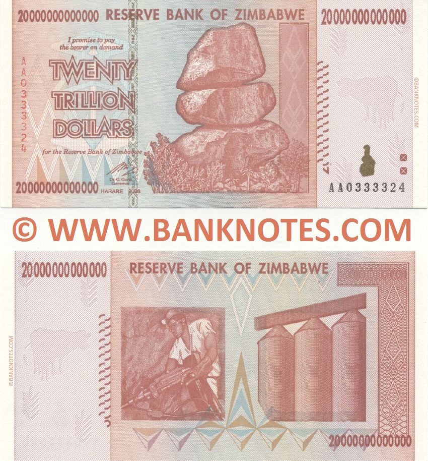 Zimbabwe 20 Trillion Dollars 2008 (AA03333xx) UNC