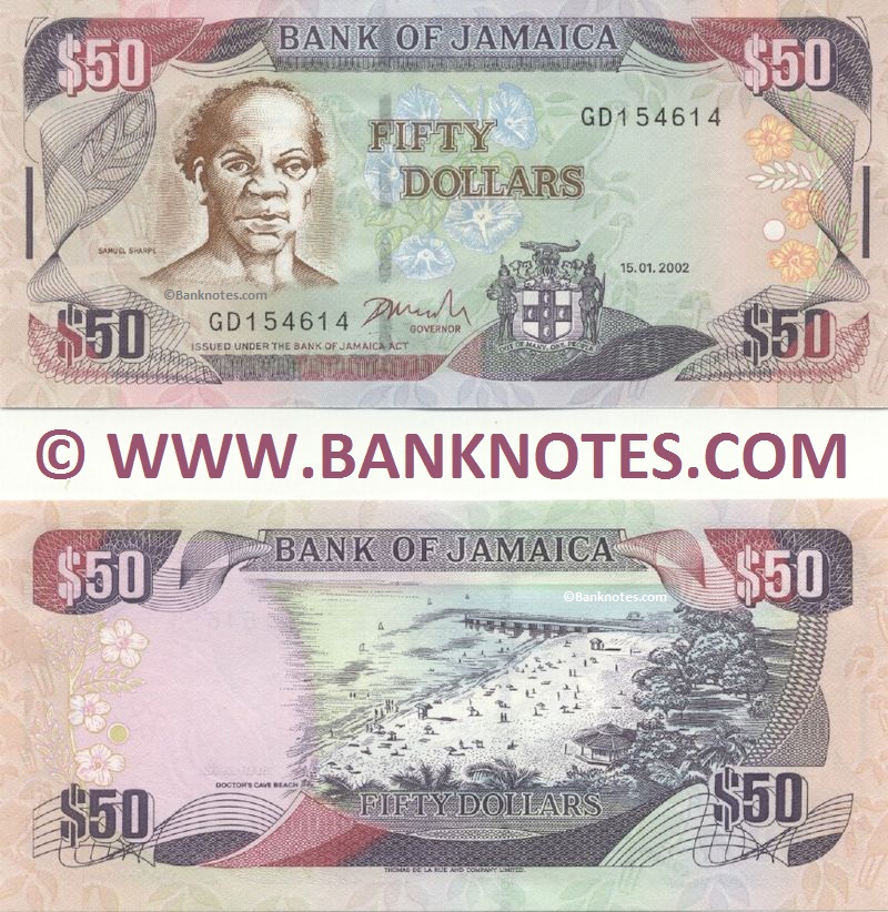 Jamaica 50 Dollars 2002 Jamaican Currency Bank Notes American 